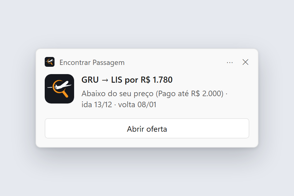 Notificação do Chrome/Windows: “Encontrar Passagem · GRU → LIS por R$ 1.780 · abaixo do seu preço”.